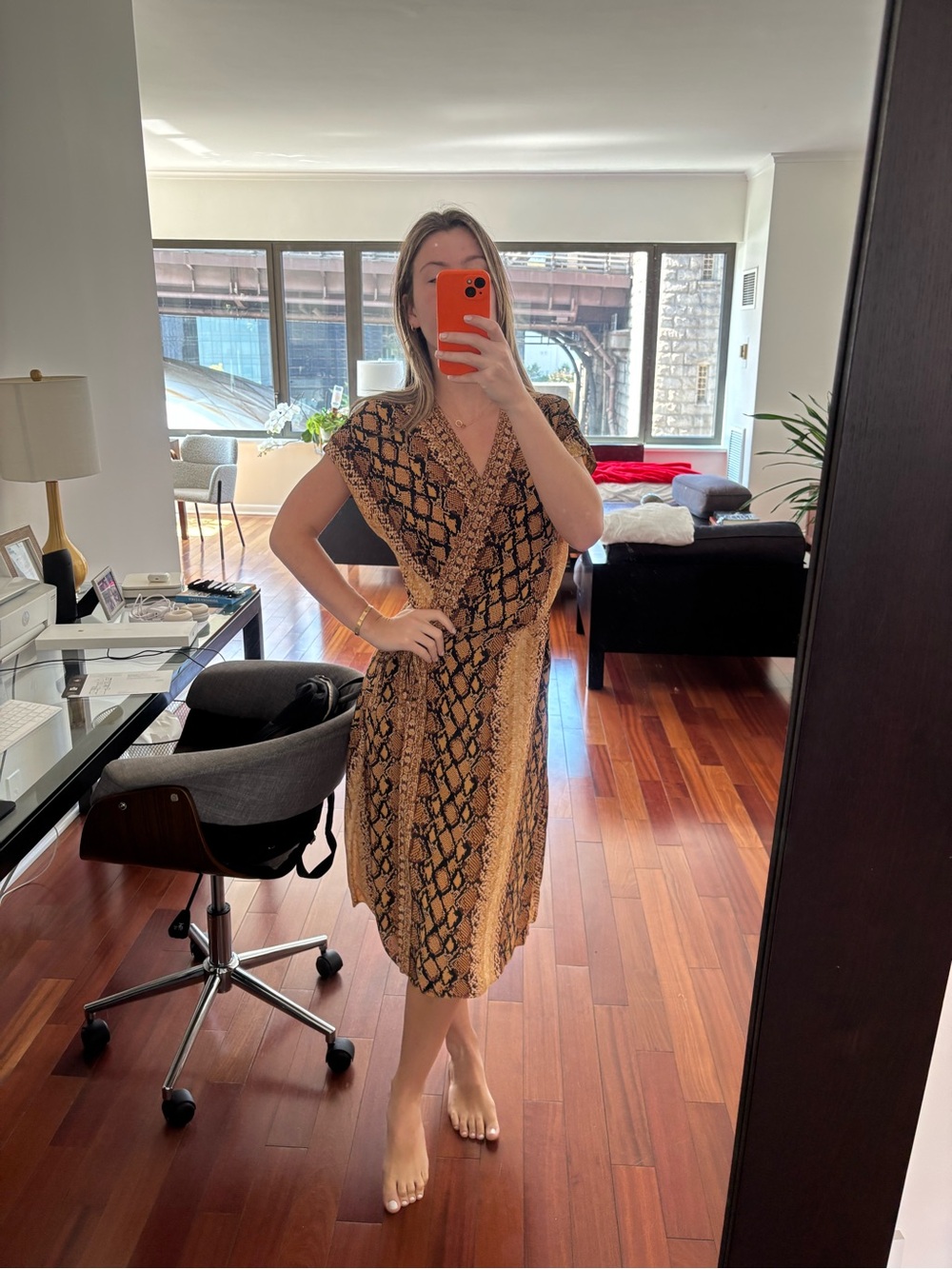 Joie Snake-Print Wrap Midi Dress in Brown and Black